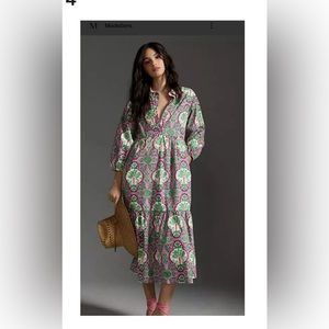 Anthropologie Bettina Tiered Shirt Dress Tree Pink Green Preppy
